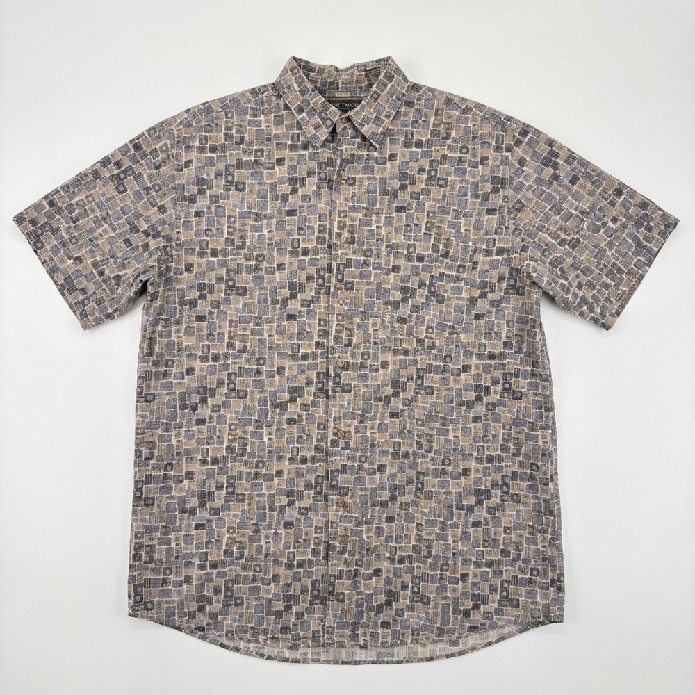 Vintage 90s 100% Cotton Mens XL Blue Tan Geometric‎ Short Sleeve Shirt